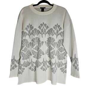 Stella Carakasi L/XL Ivory Gray floral Cashmere Blend Sweater. Round neck. Warm‎